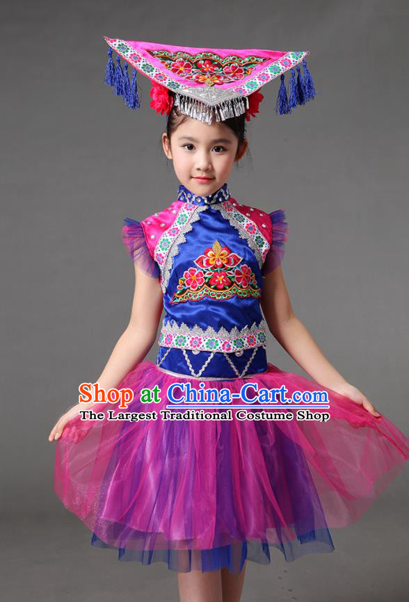 Chinese Ethnic Children Performance Garments Minority Girl Purple Dress Outfits Zhuang Nationality Folk Dance Clothing