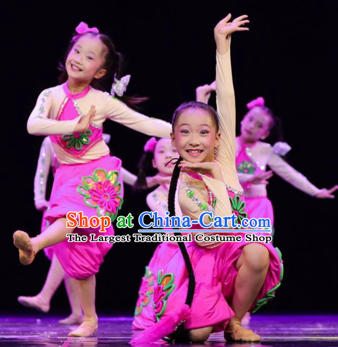 Chinese Folk Dance Costumes Fan Dance Dress Yangge Dance Clothing Children Yangko Dance Rosy Uniforms