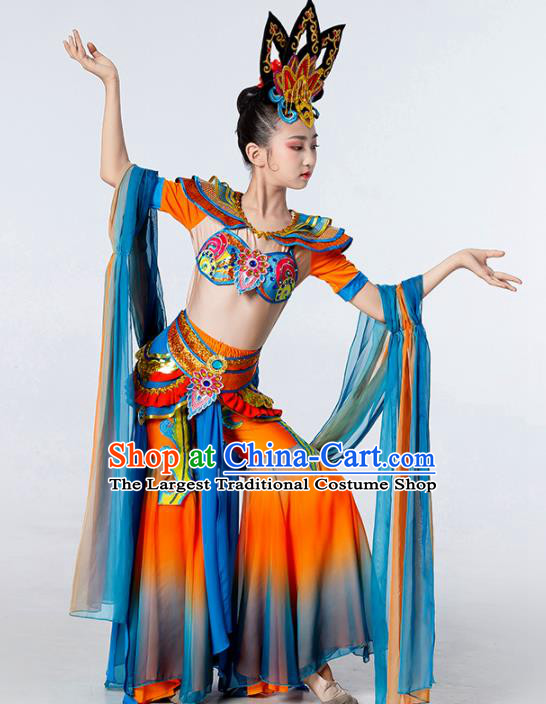 China Children Classical Dance Costumes Girl Stage Performance Dancewear Dunhuang Dance Clothing Flying Apsaras Dance Orange Outfits