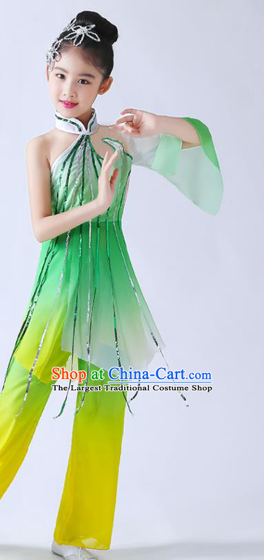 China Children Classical Dance Costumes Girl Stage Performance Dancewear Umbrella Dance Clothing Jasmine Flowers Dance Green Chiffon Uniforms