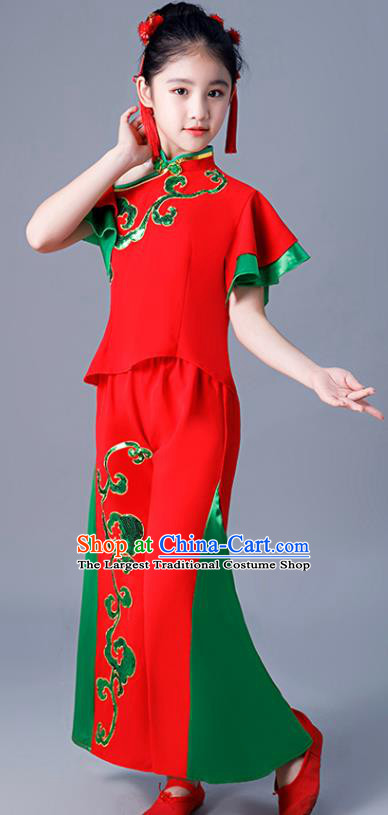 Chinese Children Folk Dance Red Uniforms Yangko Dance Costumes Girl Drum Dance Dress Fan Dance Clothing