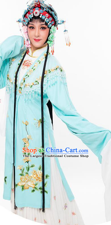 Chinese Beijing Opera Hua Tan Garment Costumes Huangmei Opera Diva Clothing Ancient Young Lady Blue Cape Dress