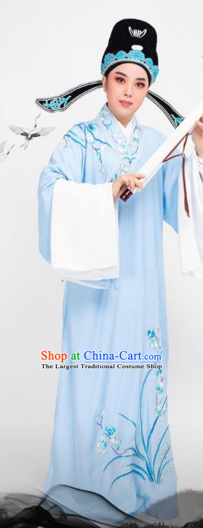 China Peking Opera Xiaosheng Embroidered Orchids Blue Robe Costume Beijing Opera Niche Clothing Traditional Yue Opera Scholar Garment