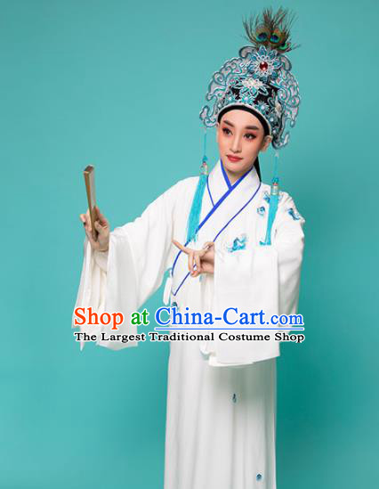 China Traditional Yue Opera Young Male Garment Peking Opera Scholar White Robe Costume Beijing Opera Xiaosheng Clothing