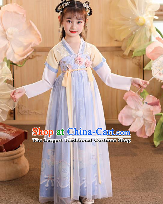 China Children Dance Blue Hanfu Dress Ancient Girls Fairy Fashion Costumes Traditional Tang Dynasty Kid Clothing