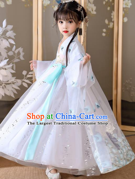 China Children Stage Show Garment Costumes Traditional White Hanfu Dress Tang Dynasty Girl Princess Clothing