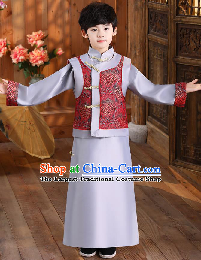 Chinese Ancient Kid Childe Uniforms Qing Dynasty Boys Clothing Traditional Stage Performance Costume