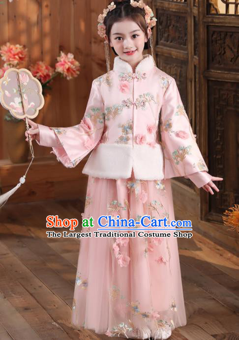 China Traditional New Year Pink Hanfu Dress Ming Dynasty Girl Clothing Children Stage Show Tang Suits