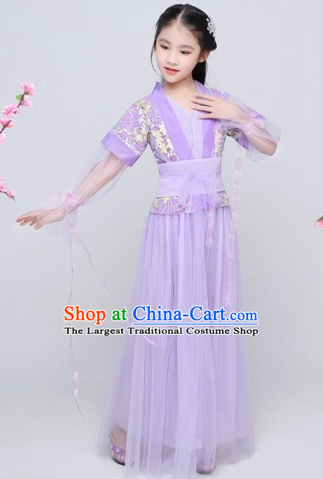 China Ming Dynasty Swordswoman Clothing Ancient Children Garment Costume Traditional Girl Dance Purple Hanfu Dress