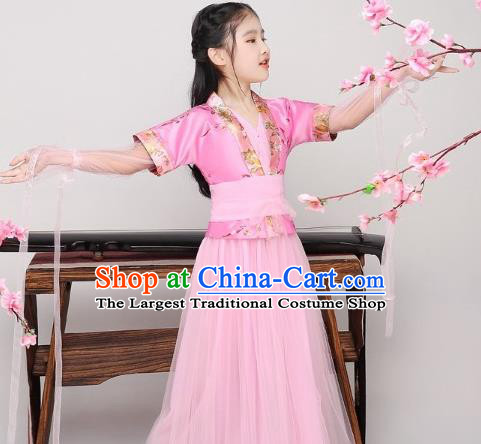 China Traditional Girl Dance Pink Hanfu Dress Ming Dynasty Swordswoman Clothing Ancient Children Garment Costume