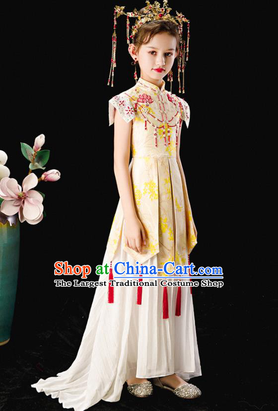 Chinese National Girl Clothing Children Catwalks Beige Dress Uniforms Traditional Stage Performance Costume