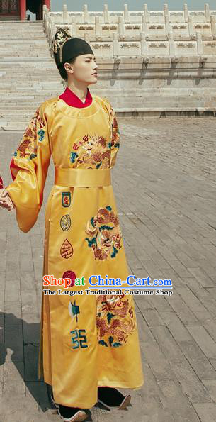 China Ancient Emperor Embroidered Yellow Imperial Robe Traditional Hanfu Garments Ming Dynasty Royal Majesty Historical Clothing and Hat