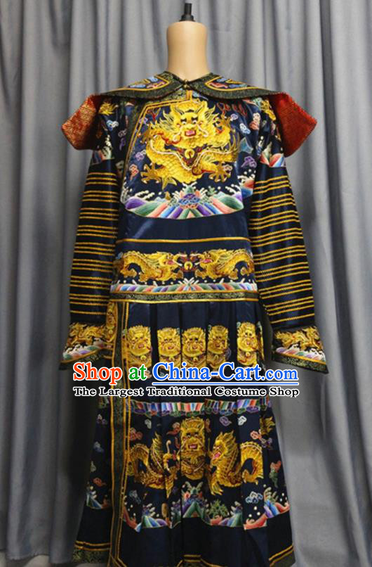 China Traditional Navy Imperial Robe Clothing Qing Dynasty King Garment Costume Ancient Emperor Embroidered Dragon Robe