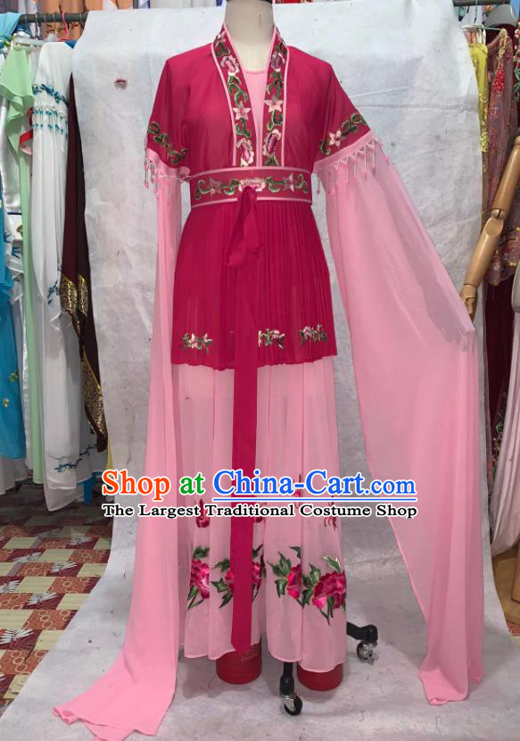 China Shaoxing Opera Actress Embroidered Rosy Dress Outfits Peking Opera Hua Tan Clothing Ancient Servant Girl Garment Costume