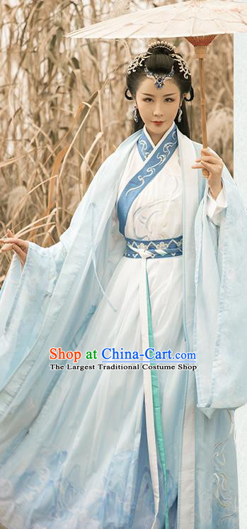 China Jin Dynasty Swordswoman Garment Costumes Ancient Young Beauty Clothing Traditional Blue Hanfu Dress