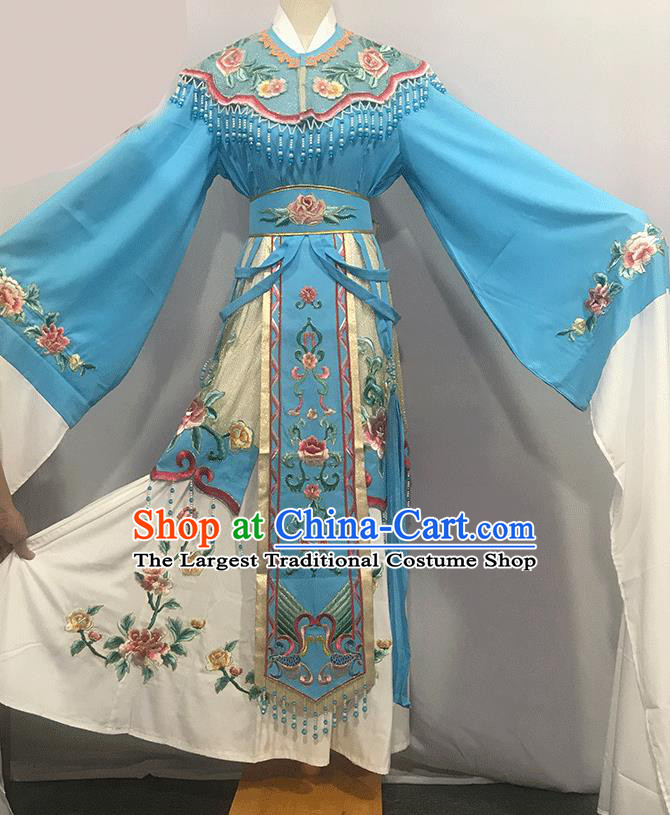 China Ancient Imperial Consort Garment Costumes Traditional Shaoxing Opera Court Woman Clothing Peking Opera Hua Tan Blue Dress Outfits