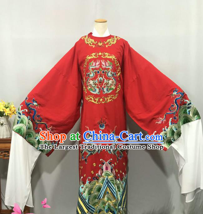 China Opera Emperor Garment Costume Beijing Opera Xiaosheng Red Embroidered Robe Uniforms Traditional Huangmei Opera Lord Clothing