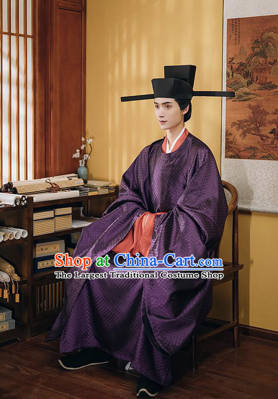 China Ancient Official Garment Costume Traditional Hanfu Purple Robe Vestment Song Dynasty Chancellor Clothing