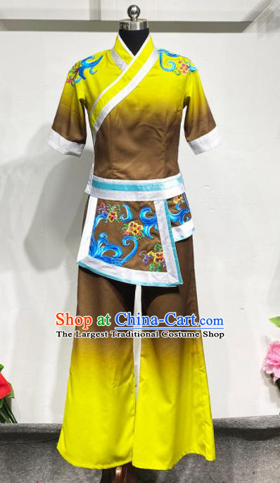 Chinese Folk Dance Yellow Outfits Fan Dance Costumes Yangko Dance Clothing Women Group Performance Garments