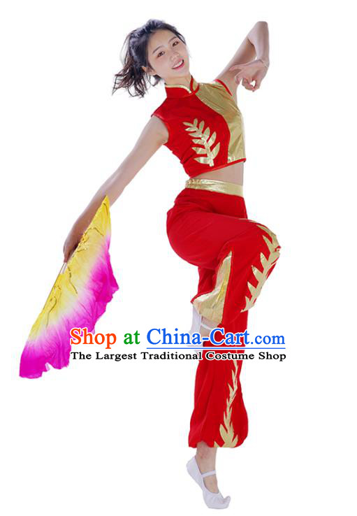 Chinese Women Group Performance Garments Folk Dance Red Outfits Fan Dance Costumes Jiaozhou Yangko Dance Clothing