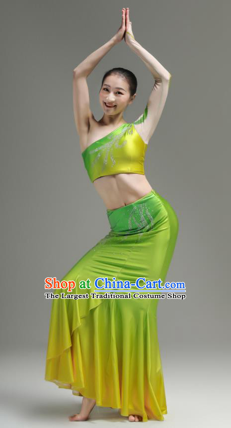 Chinese Peacock Dance Costumes Ethnic Woman Garments Dai Minority Performance Green Dress Outfits Yunnan Nationality Clothing