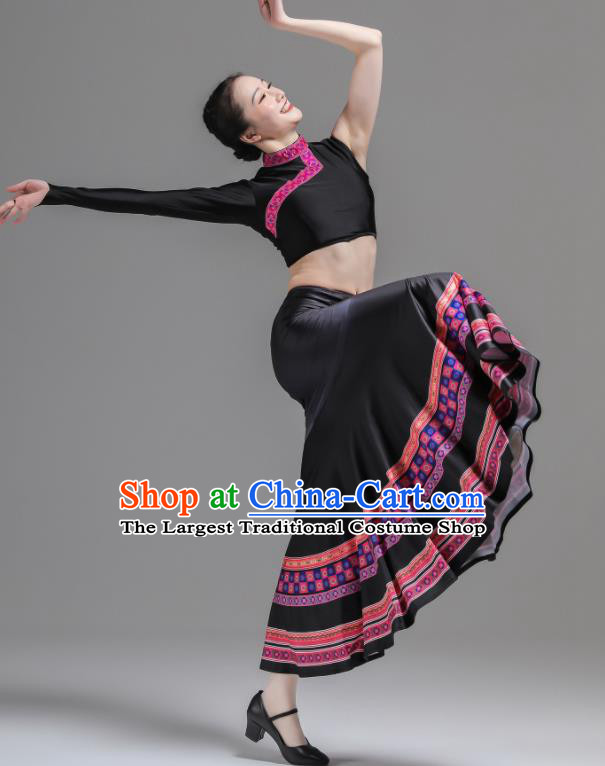 Chinese Ethnic Woman Garments Dai Minority Performance Black Dress Outfits Yunnan Nationality Pavane Clothing Peacock Dance Costumes