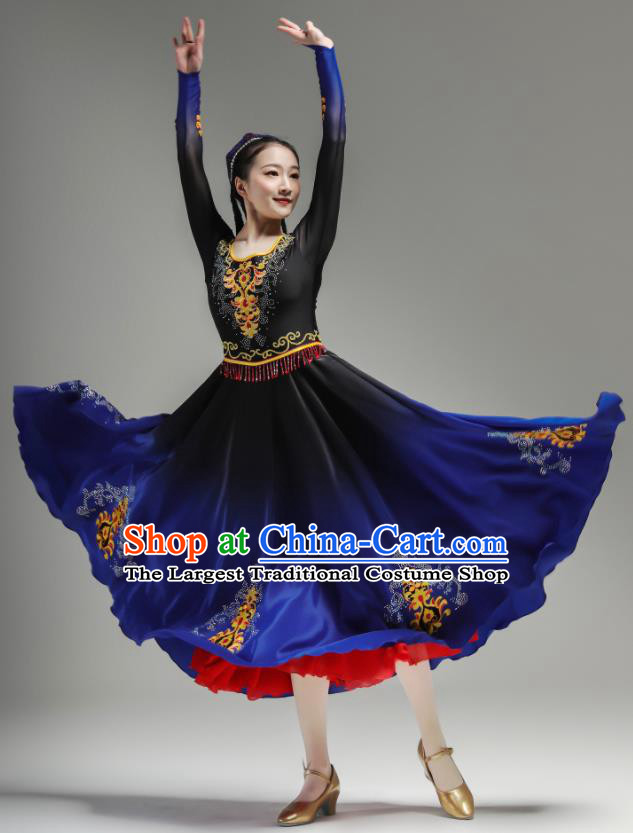 Chinese Xinjiang Dance Costumes Ethnic Woman Garments Uyghur Minority Performance Blue Dress Outfits Uighur Nationality Dance Clothing