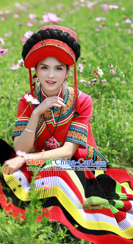 Chinese Yi Nationality Woman Clothing Da Liangshan Festival Dance Garments Bouyei Minority Folk Dance Red Dress Ethnic Performance Outfits