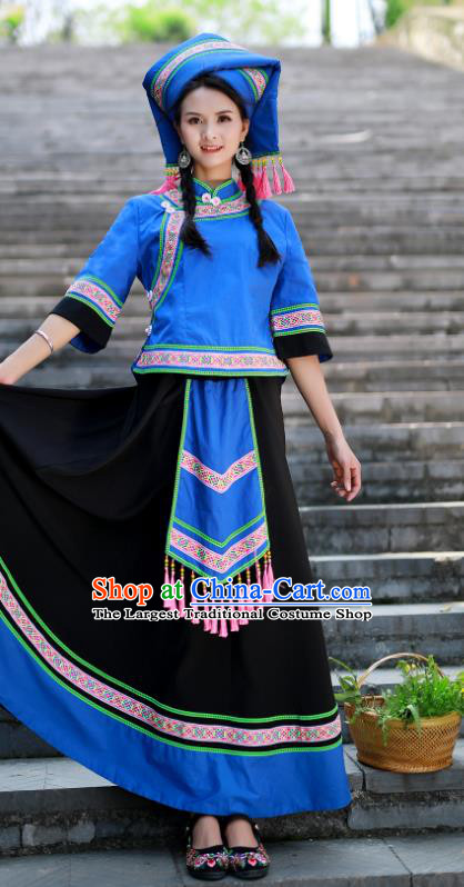 Chinese Guangxi Ethnic Performance Outfits Zhuang Nationality Woman Clothing Festival Dance Garments Bouyei Minority Folk Dance Blue Dress