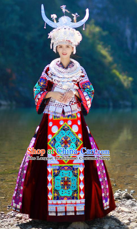 Chinese Festival Dance Garments Miao Minority Folk Dance Red Dress Guizhou Ethnic Performance Outfits Hmong Nationality Woman Clothing