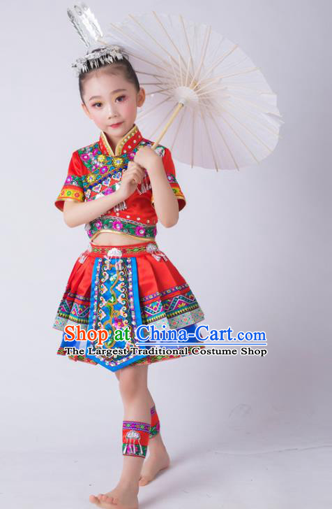 China Ethnic Children Performance Costumes Miao Minority Kids Dance Red Dress Uniforms Tujia Nationality Girl Apparels