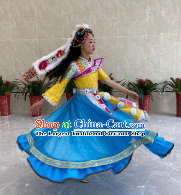 China Tibetan Nationality Children Performance Garments Xizang Ethnic Girl Folk Dance Blue Dress Zang Minority Festival Costumes