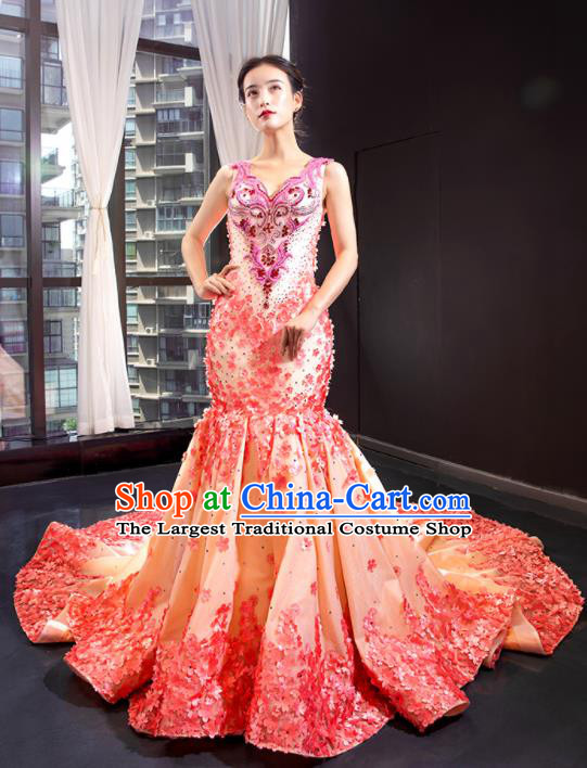 Custom Luxury Apricot Trailing Wedding Dress Compere Formal Garment Court Fishtail Full Dress European Princess Costume Vintage Bride Clothing