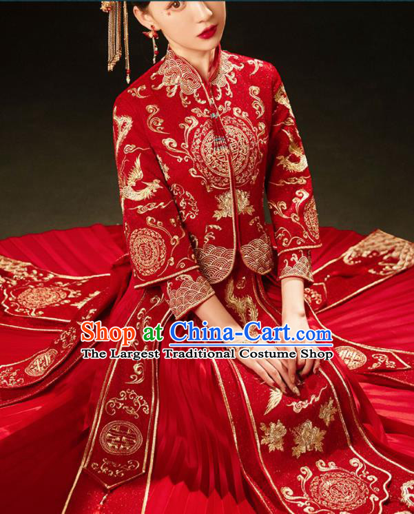 China Embroidery Bridal Attire Clothing Wedding Garment Costumes Bride Toasting Red Dress Outfits Traditional Xiuhe Suits