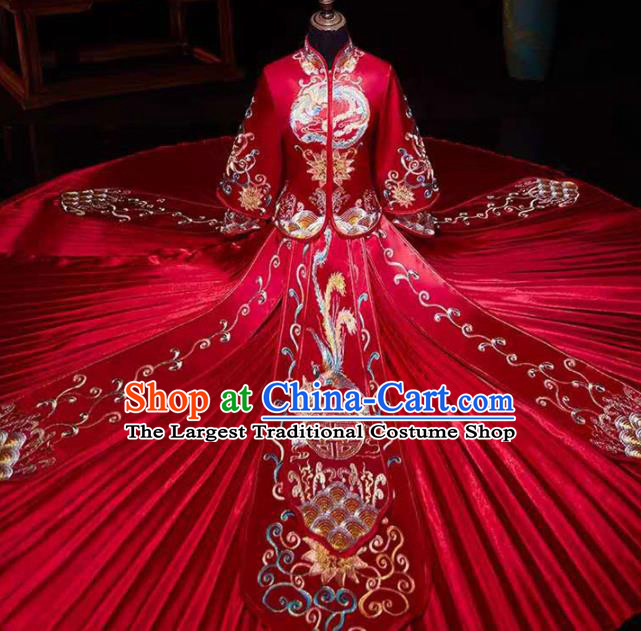 China Embroidery Phoenix Bridal Attire Clothing Wedding Garment Costumes Bride Dress Outfits Traditional Red Xiuhe Suits