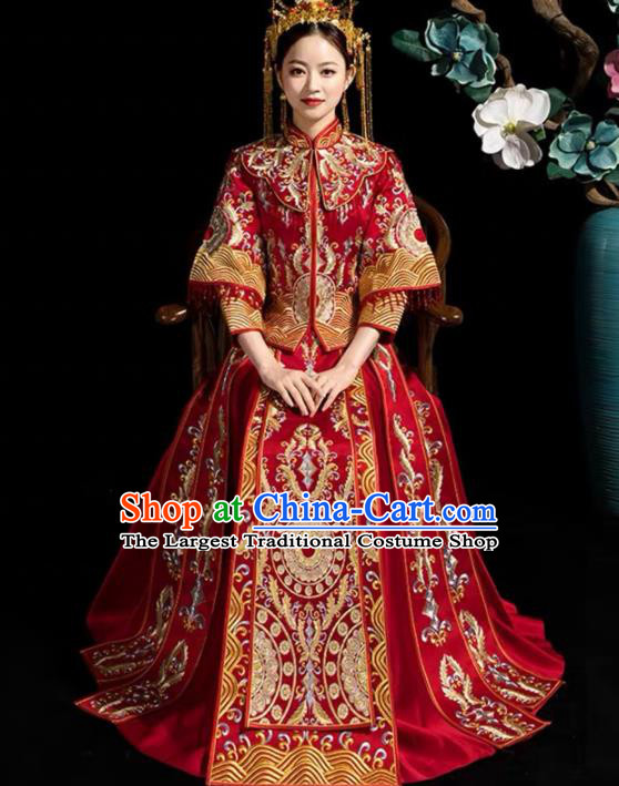 China Traditional Bride Dress Outfits Embroidery Red Xiuhe Suits Bridal Attire Clothing Wedding Diamante Garment Costumes