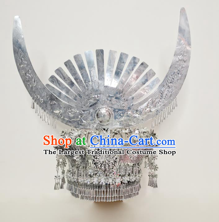 Chinese Dong Minority Woman Silver Headpieces Ethnic Wedding Headwear Miao Nationality Bride Hat