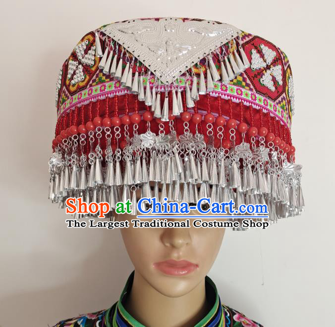 Chinese Yao Nationality Stage Performance Red Hat Tujia Minority Woman Wedding Headdress Yunnan Ethnic Bride Headwear