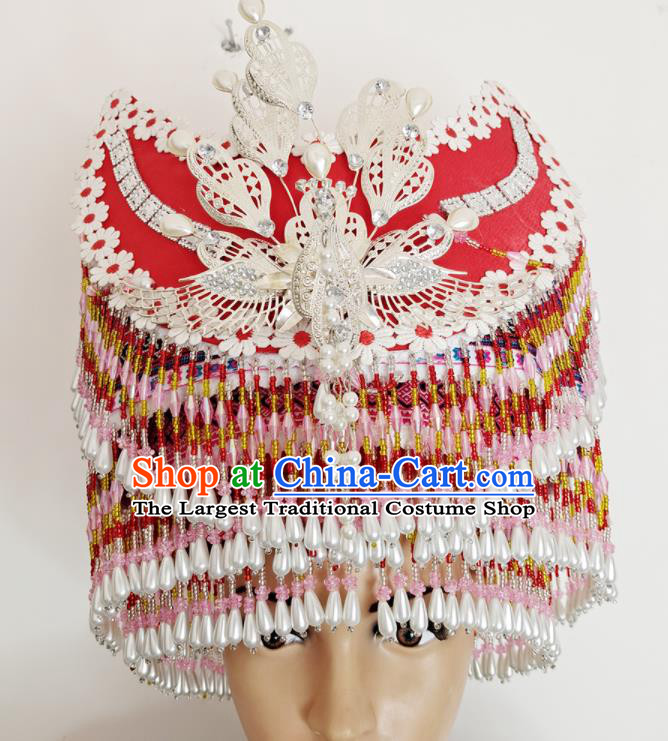 Chinese Yunnan Ethnic Bride Tassel Headwear Miao Nationality Stage Performance Red Hat Hmong Minority Woman Wedding Headdress