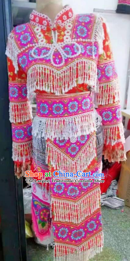 China Yunnan Ethnic Wedding Clothing Traditional Hmong Dance Red Dress Outfits Guizhou Minority Bride Garments Miao Nationality Costumes