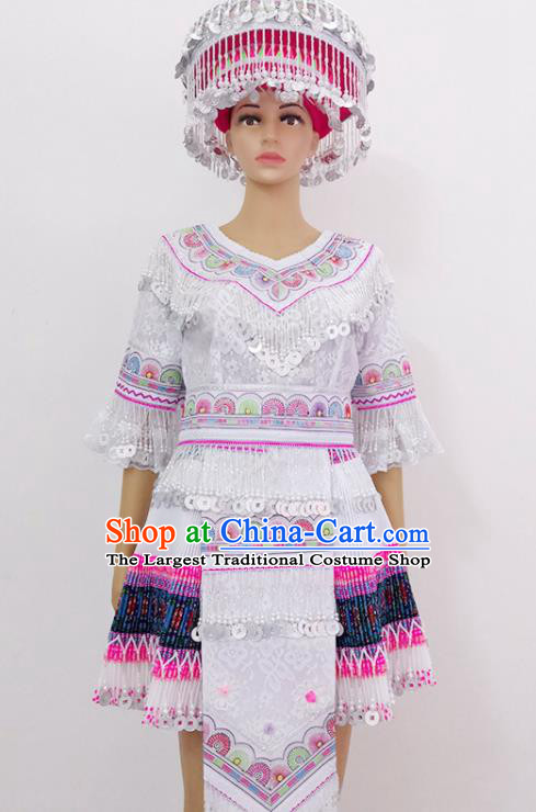 China Miao Nationality Folk Dance Costumes Ethnic Photography Clothing Traditional Hmong Festival White Dress Outfits Guizhou Minority Woman Garments