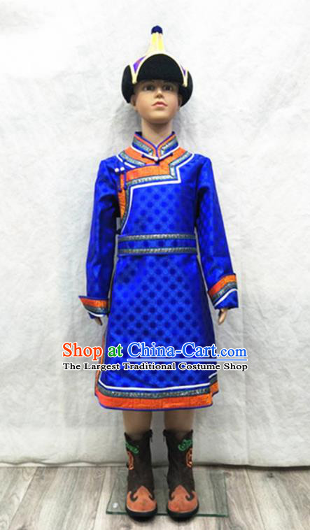 Chinese Mongol Nationality Folk Dance Clothing Traditional Children Royalblue Satin Mongolian Robe Ethnic Boys Festival Performance Costume