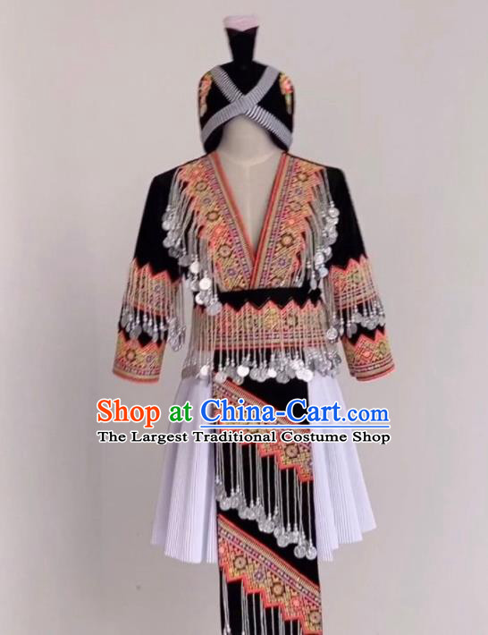 China Traditional Hmong Folk Dance Dress Outfits Yunnan Minority Performance Garments Miao Nationality Costumes Ethnic Clothing