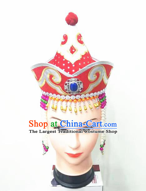 Chinese Mongol Nationality Stage Performance Red Hat Mongolian Minority Dance Tassel Headdress Ethnic Girl Folk Dance Headdress