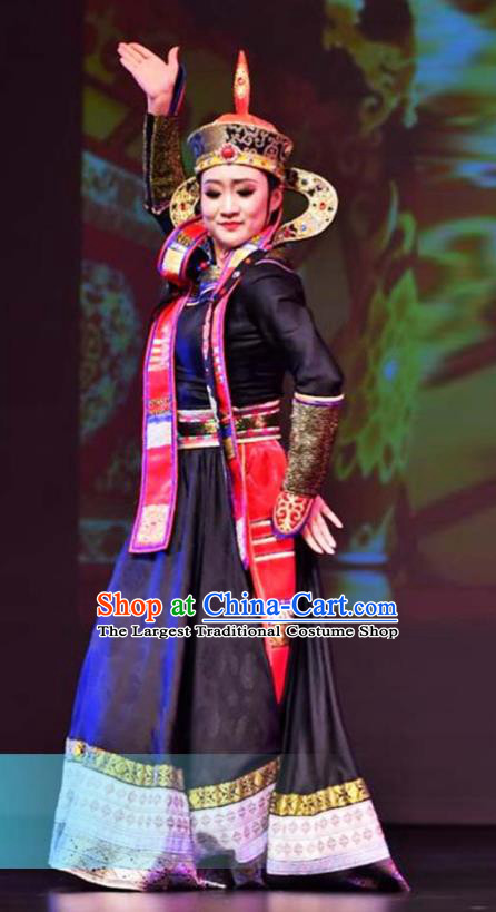 Chinese Mongolian Minority Group Dance Apparels Mongol Nationality Woman Clothing Traditional Ethnic Stage Performance Black Dress Outfits