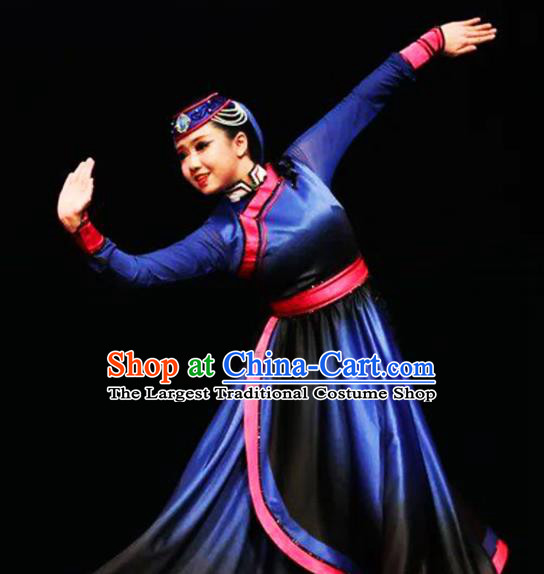 Chinese Mongolian Nationality Woman Dance Clothing Traditional Ethnic Performance Blue Dress Outfits Mongol Minority Folk Dance Apparels