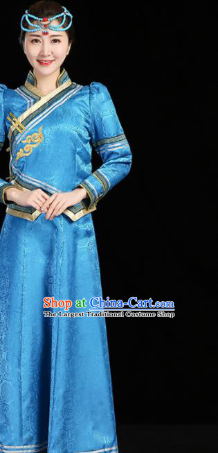 China Moggol Nationality Female Informal Costume Ethnic Folk Dance Blue Dress Mongol Minority Fashion Mongolian Performance Clothing