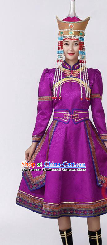 China Mongol Minority Female Outfits Mongolian Performance Clothing Moggol Nationality Ceremony Costume Ethnic Folk Dance Purple Dress