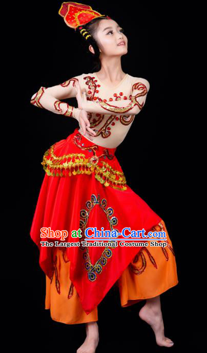 China Children Flying Apsaras Dance Dress Drum Dance Red Outfits Girl Performance Clothing Classical Dance Garment Costumes