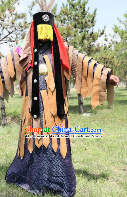 Chinese Traditional Shaman Wizard Navy Robe Mongol Minority Religious Rites Apparels Ethnic Fiesta Ceremonial Clothing and Headwear